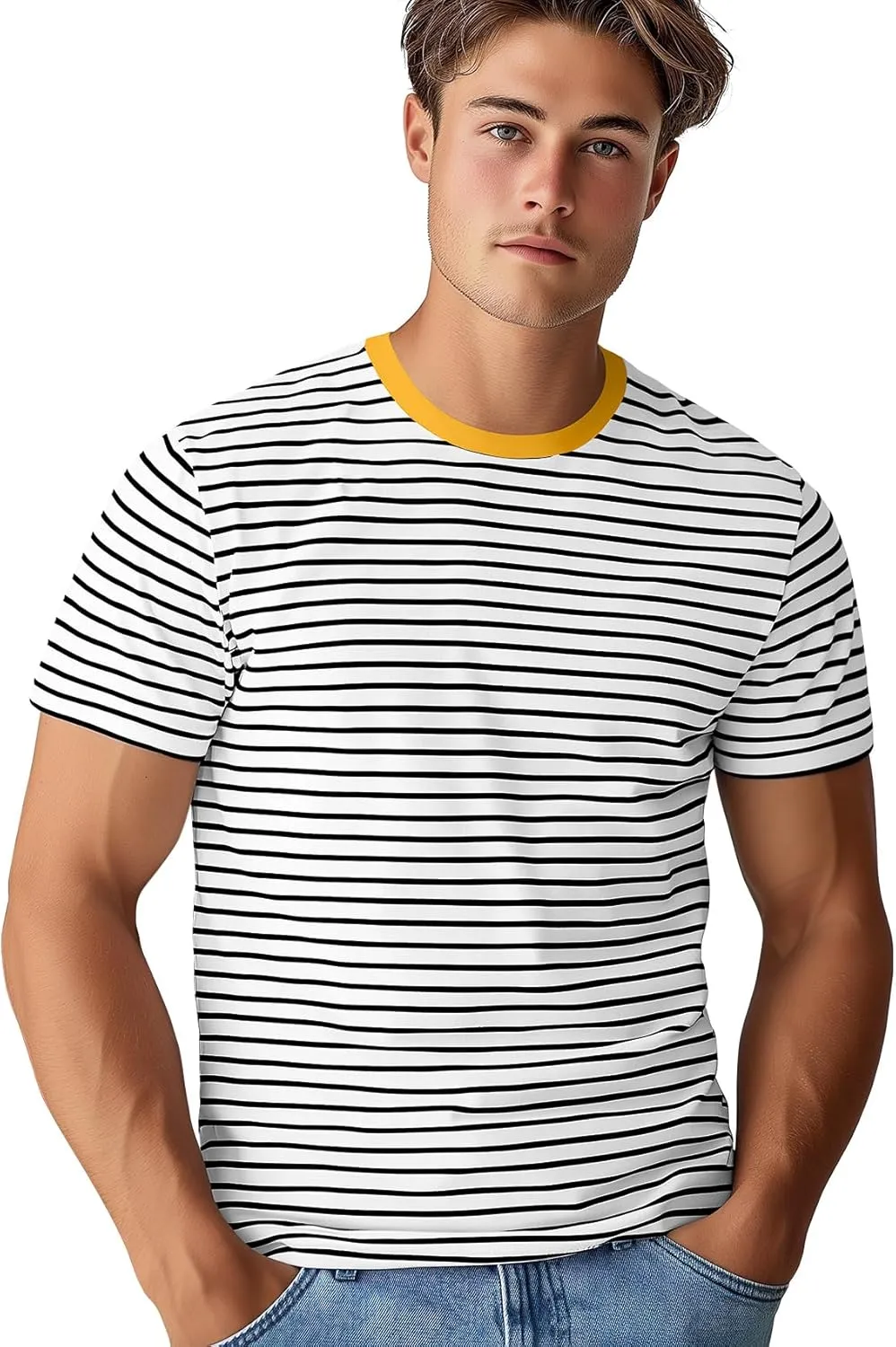 Zengjo Mens Striped T Shirt Short/Long Sleeve Crewneck Tee