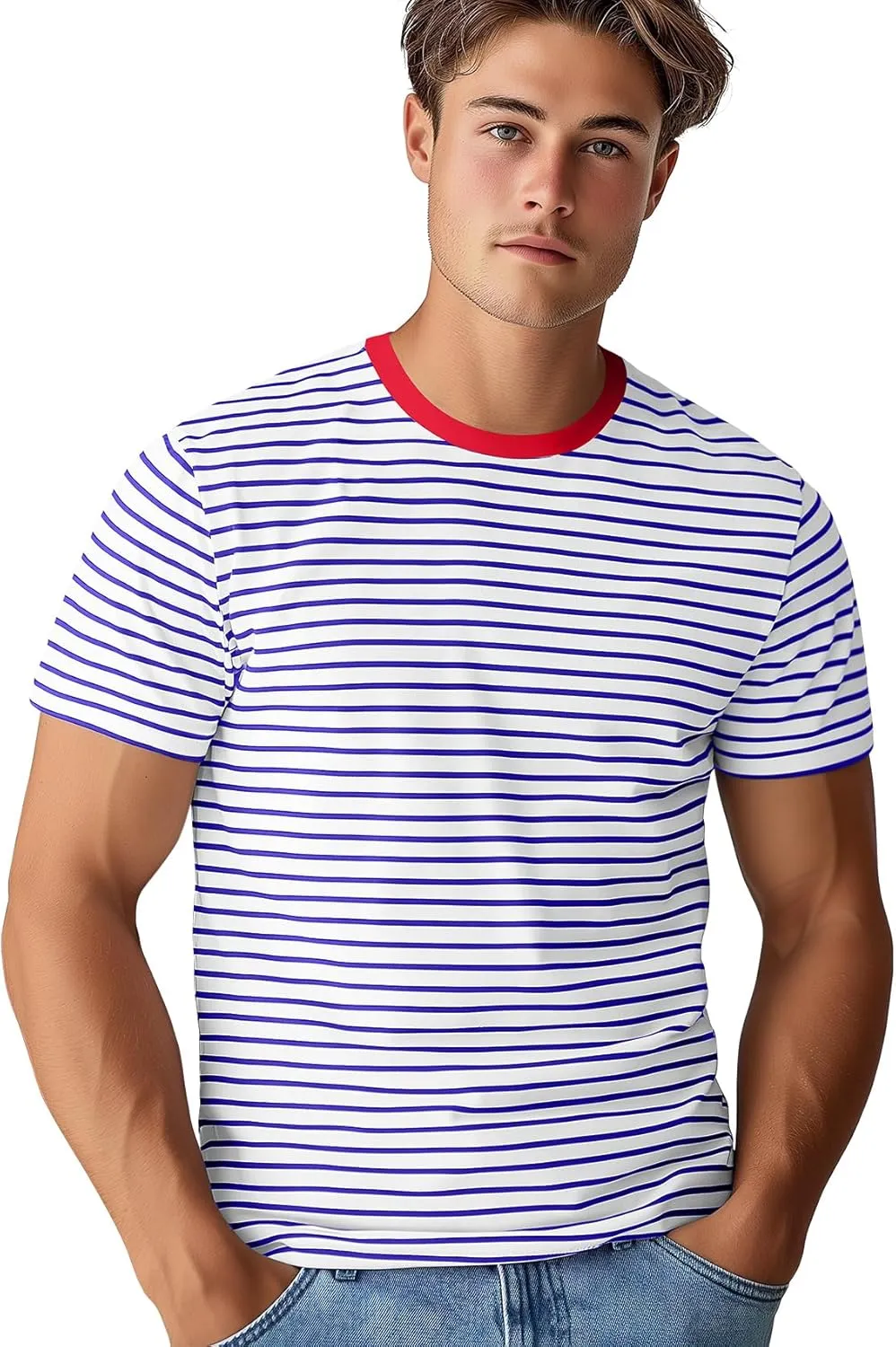 Zengjo Mens Striped T Shirt Short/Long Sleeve Crewneck Tee