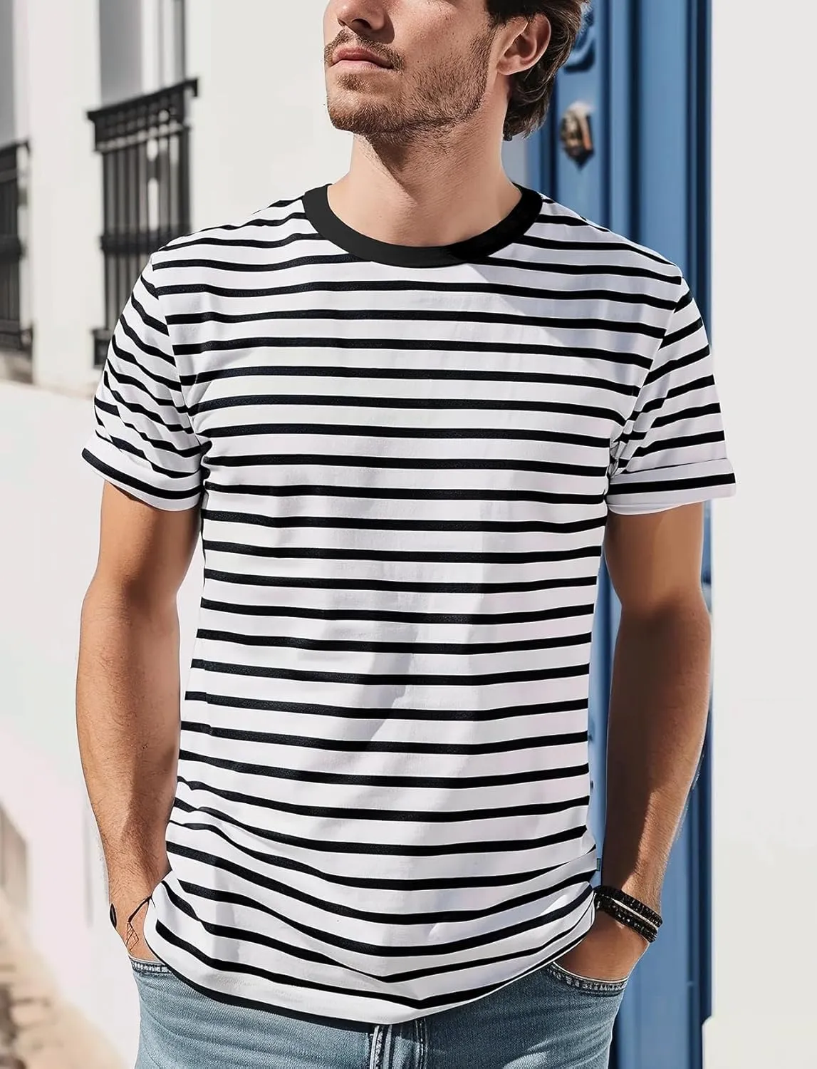 Zengjo Mens Striped T Shirt Short/Long Sleeve Crewneck Tee