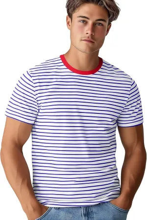 Zengjo Mens Striped T Shirt Short/Long Sleeve Crewneck Tee