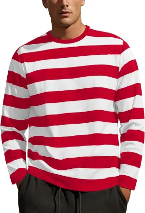 Zengjo Mens Striped T Shirt Short/Long Sleeve Crewneck Tee