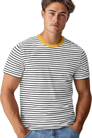 Zengjo Mens Striped T Shirt Short/Long Sleeve Crewneck Tee