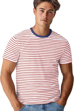 Zengjo Mens Striped T Shirt Short/Long Sleeve Crewneck Tee