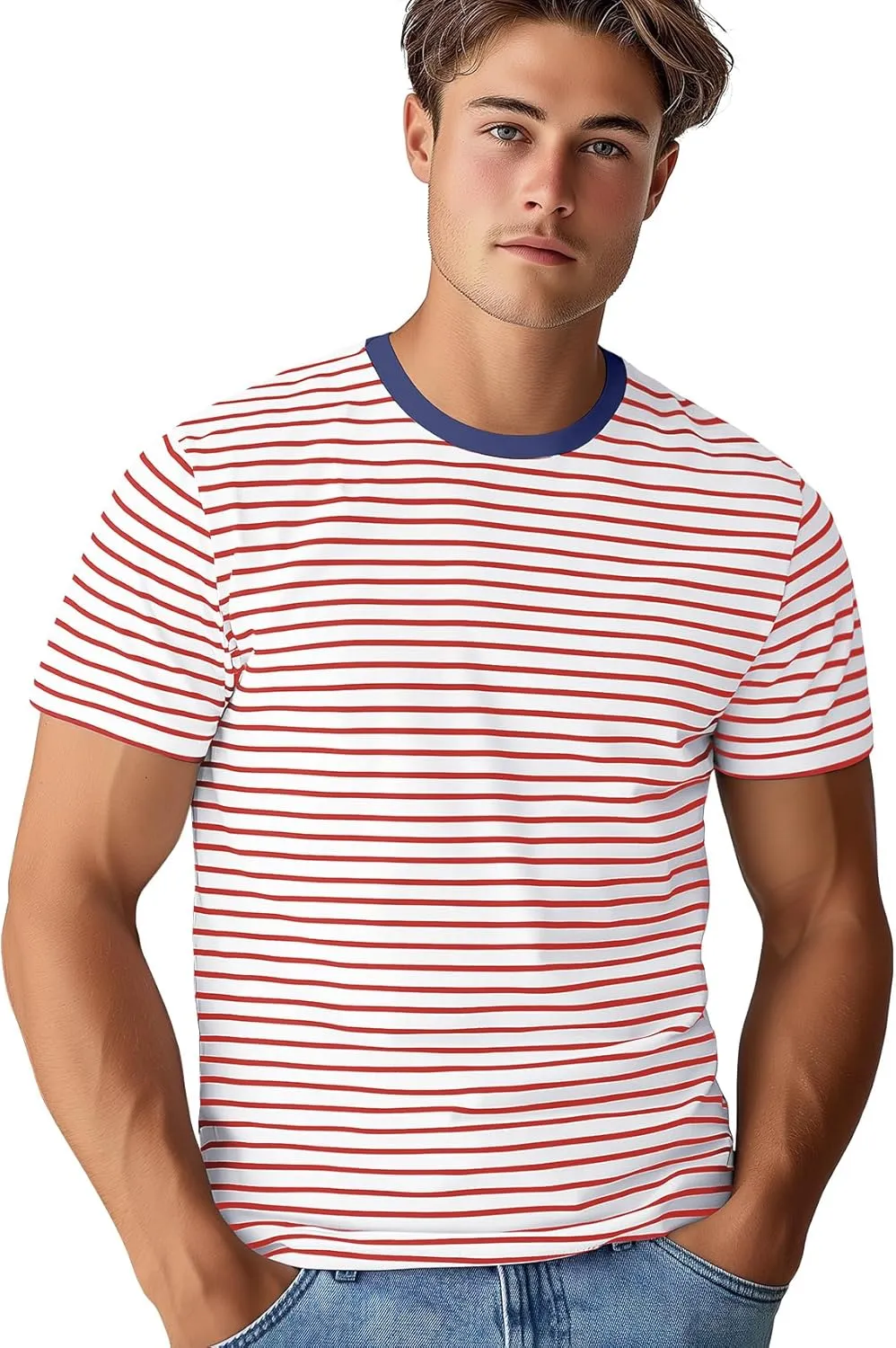 Zengjo Mens Striped T Shirt Short/Long Sleeve Crewneck Tee