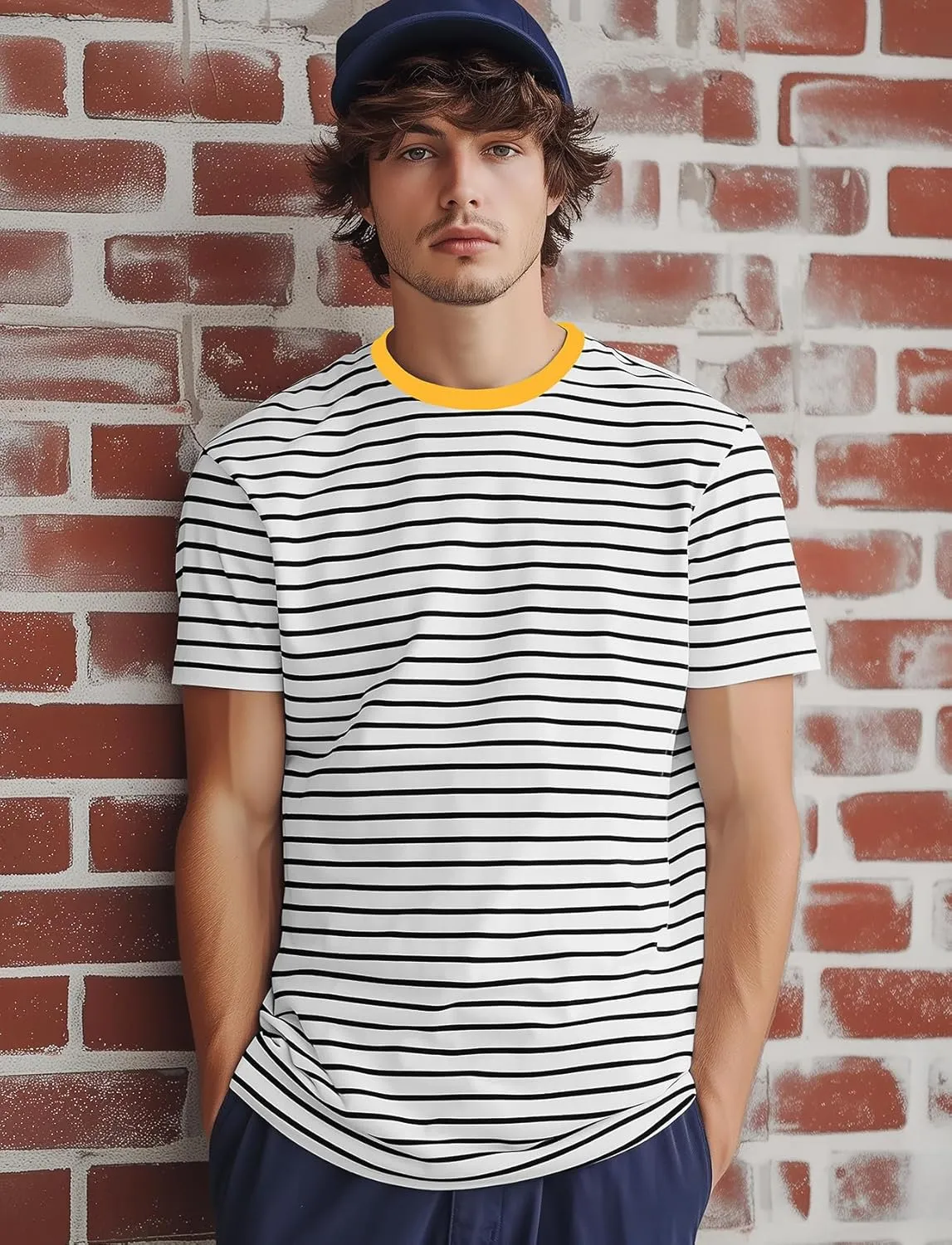 Zengjo Mens Striped T Shirt Short/Long Sleeve Crewneck Tee