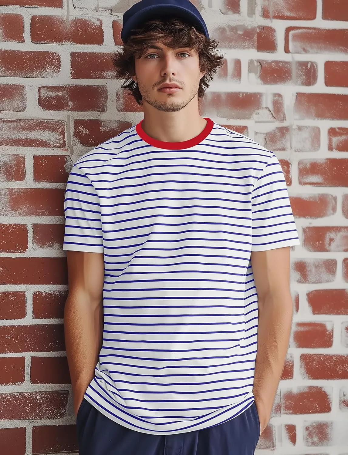 Zengjo Mens Striped T Shirt Short/Long Sleeve Crewneck Tee
