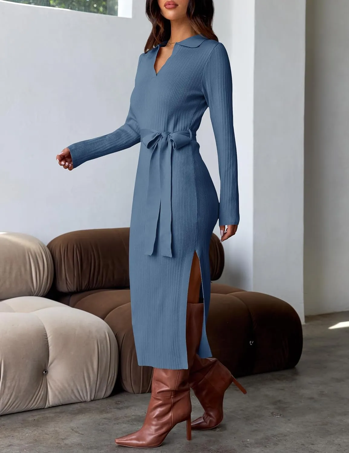 ZESICA Women's Spring Long Sleeve Sweater Dress Lapel V Neck Ribbed Knit Side Slit Bodycon Midi Dresses with Belt