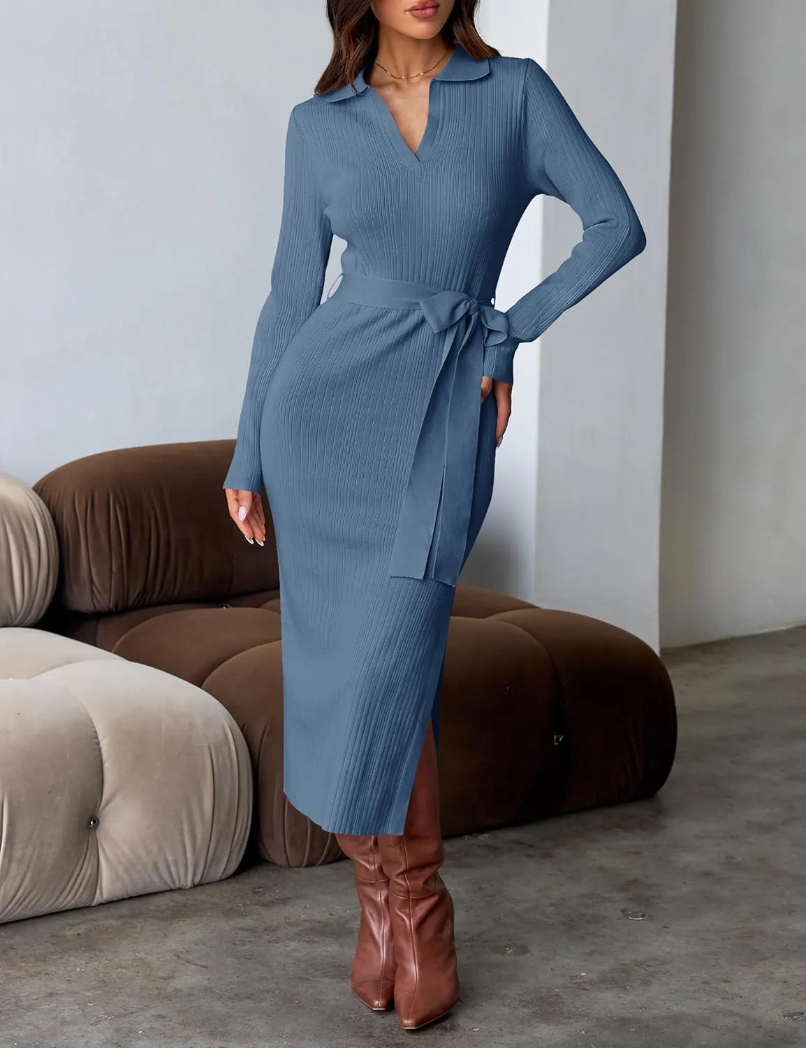 ZESICA Women's Spring Long Sleeve Sweater Dress Lapel V Neck Ribbed Knit Side Slit Bodycon Midi Dresses with Belt