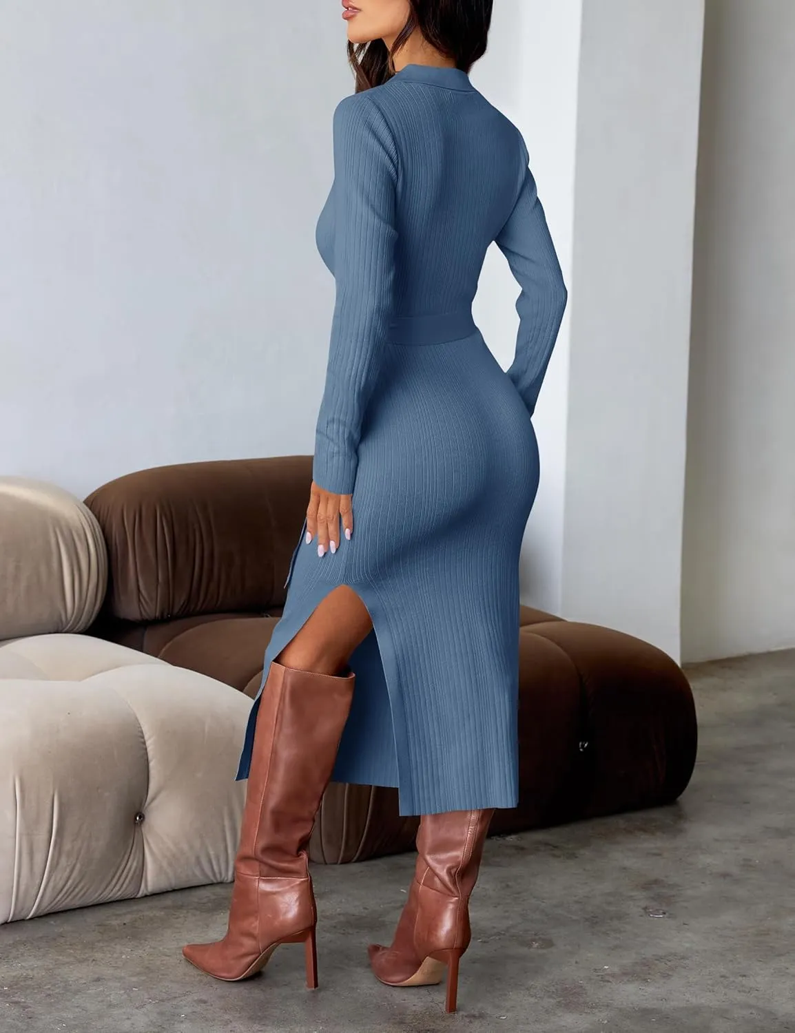 ZESICA Women's Spring Long Sleeve Sweater Dress Lapel V Neck Ribbed Knit Side Slit Bodycon Midi Dresses with Belt