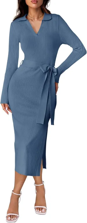 ZESICA Women's Spring Long Sleeve Sweater Dress Lapel V Neck Ribbed Knit Side Slit Bodycon Midi Dresses with Belt