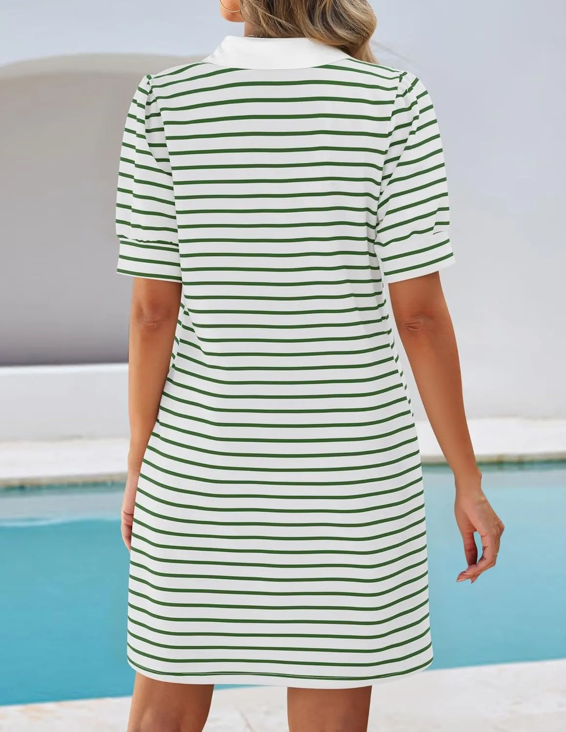 ZESICA Women's Summer Casual Striped Mini Dresses 2025 Lapel V Neck Short Sleeve Flowy A Line T Shirt Dress