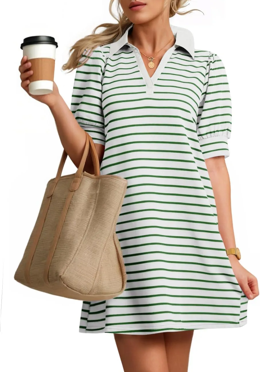 ZESICA Women's Summer Casual Striped Mini Dresses 2025 Lapel V Neck Short Sleeve Flowy A Line T Shirt Dress