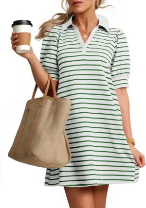 ZESICA Women's Summer Casual Striped Mini Dresses 2025 Lapel V Neck Short Sleeve Flowy A Line T Shirt Dress