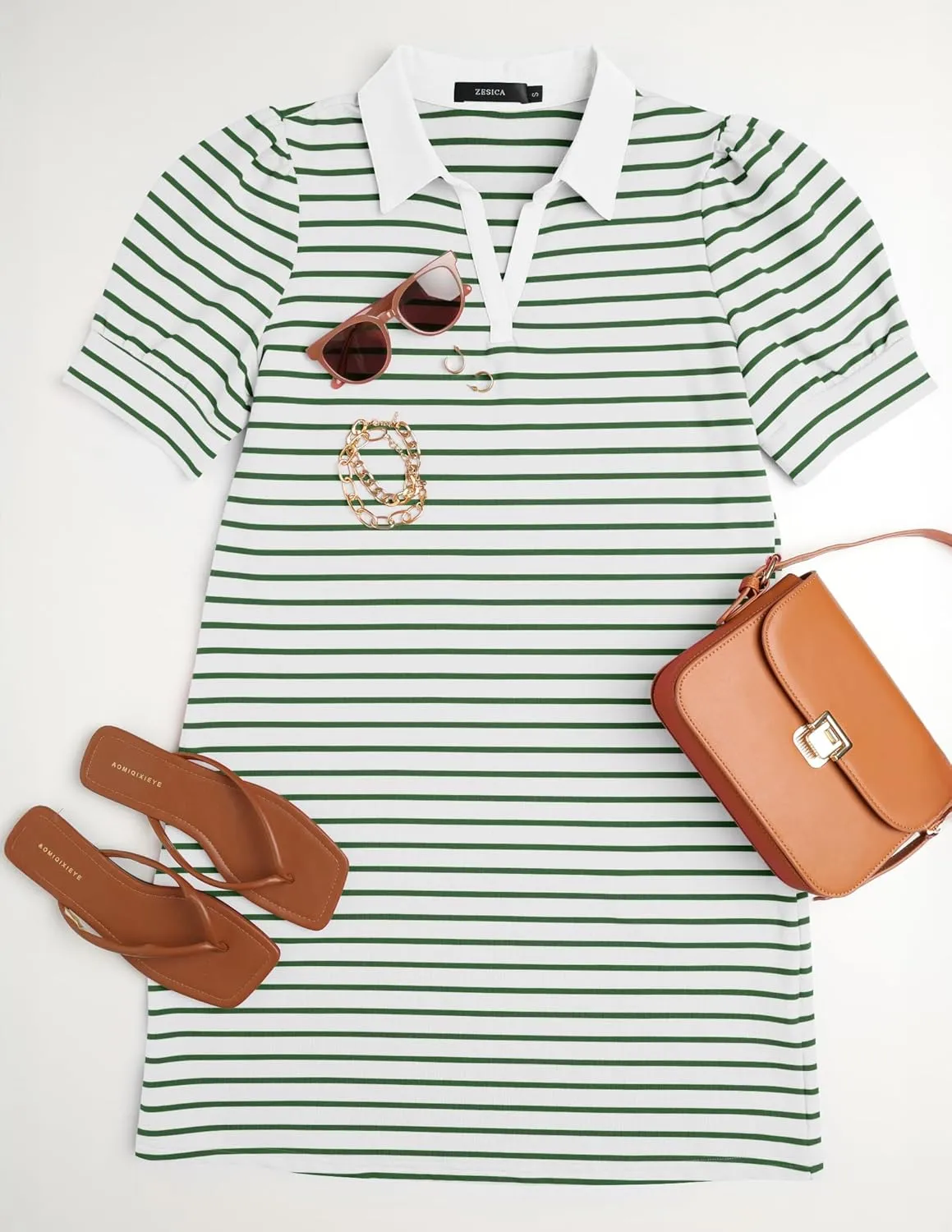 ZESICA Women's Summer Casual Striped Mini Dresses 2025 Lapel V Neck Short Sleeve Flowy A Line T Shirt Dress