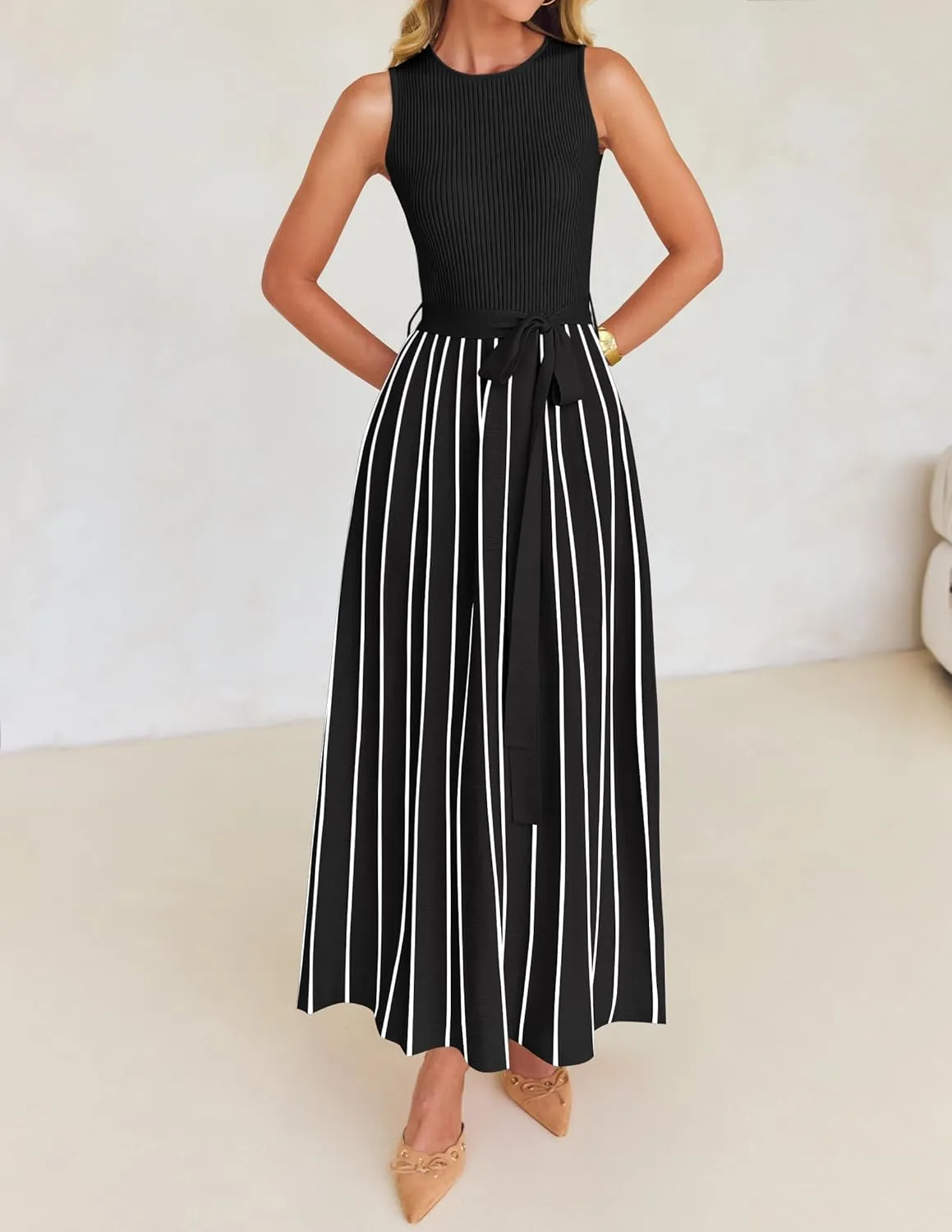 ZESICA Women's Summer Sleeveless Midi Dress 2025 Crewneck Ribbed Knit Tie Waist Casual A Line Swing Dresses