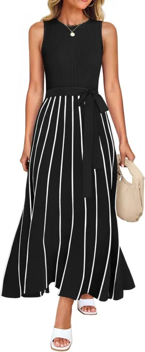 ZESICA Women's Summer Sleeveless Midi Dress 2025 Crewneck Ribbed Knit Tie Waist Casual A Line Swing Dresses