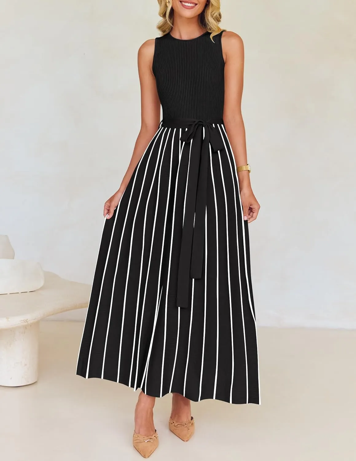 ZESICA Women's Summer Sleeveless Midi Dress 2025 Crewneck Ribbed Knit Tie Waist Casual A Line Swing Dresses