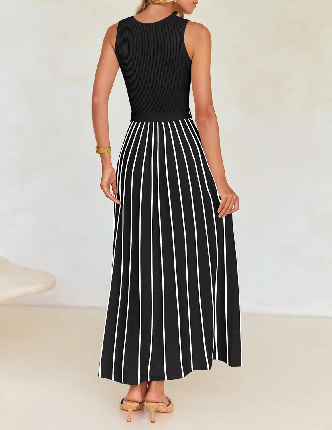 ZESICA Women's Summer Sleeveless Midi Dress 2025 Crewneck Ribbed Knit Tie Waist Casual A Line Swing Dresses