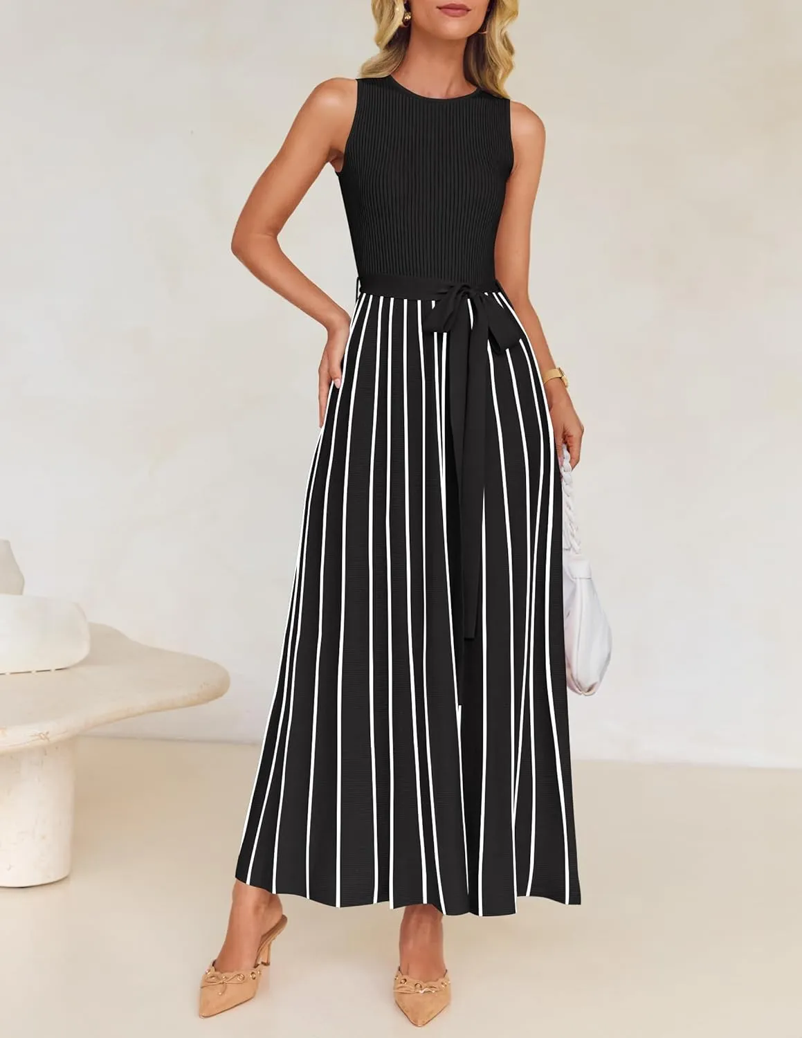 ZESICA Women's Summer Sleeveless Midi Dress 2025 Crewneck Ribbed Knit Tie Waist Casual A Line Swing Dresses