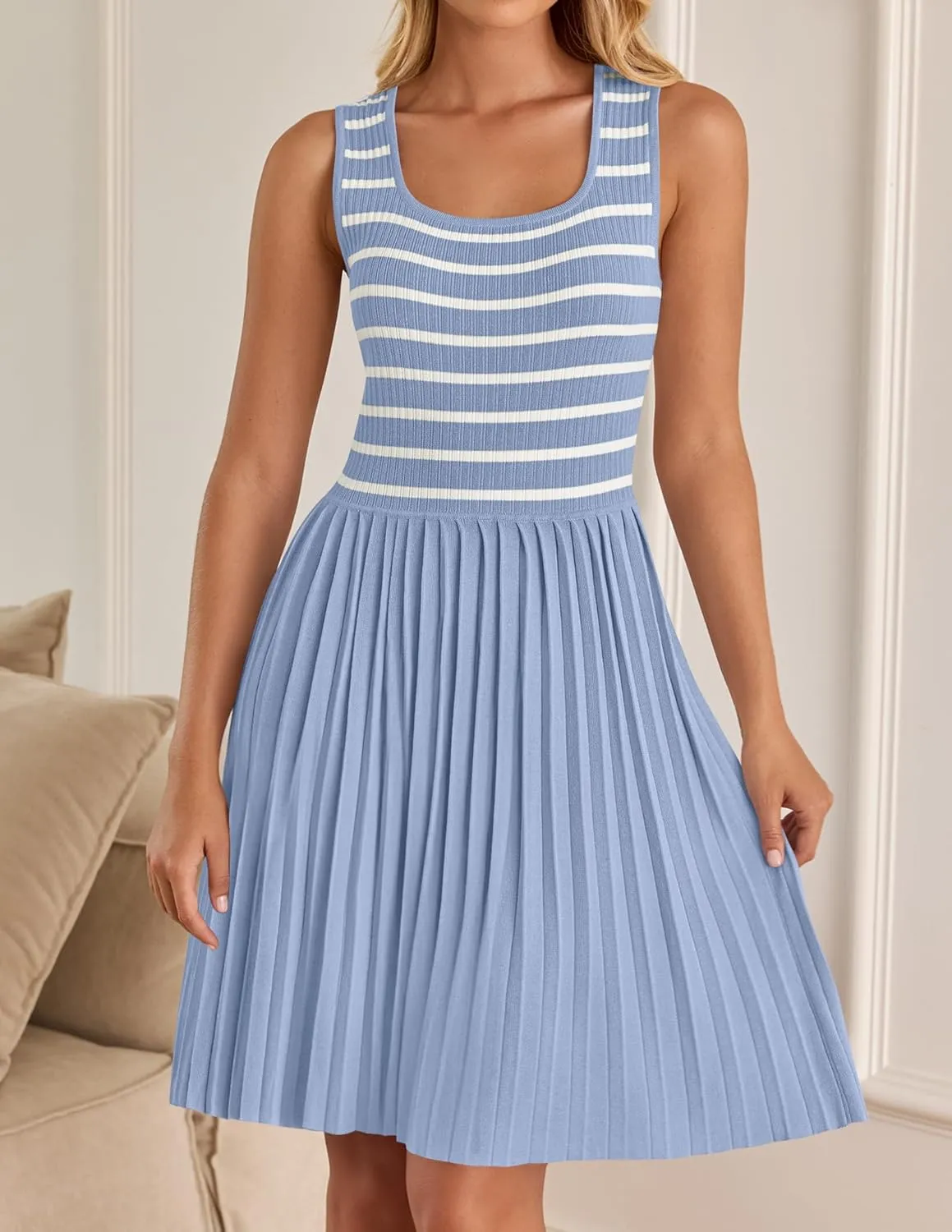 ZESICA Women's Summer Sleeveless Mini Dress 2025 Square Neck Striped Knit A Line Pleated Tank Dresses