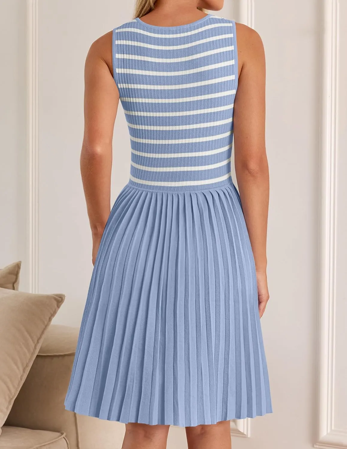 ZESICA Women's Summer Sleeveless Mini Dress 2025 Square Neck Striped Knit A Line Pleated Tank Dresses