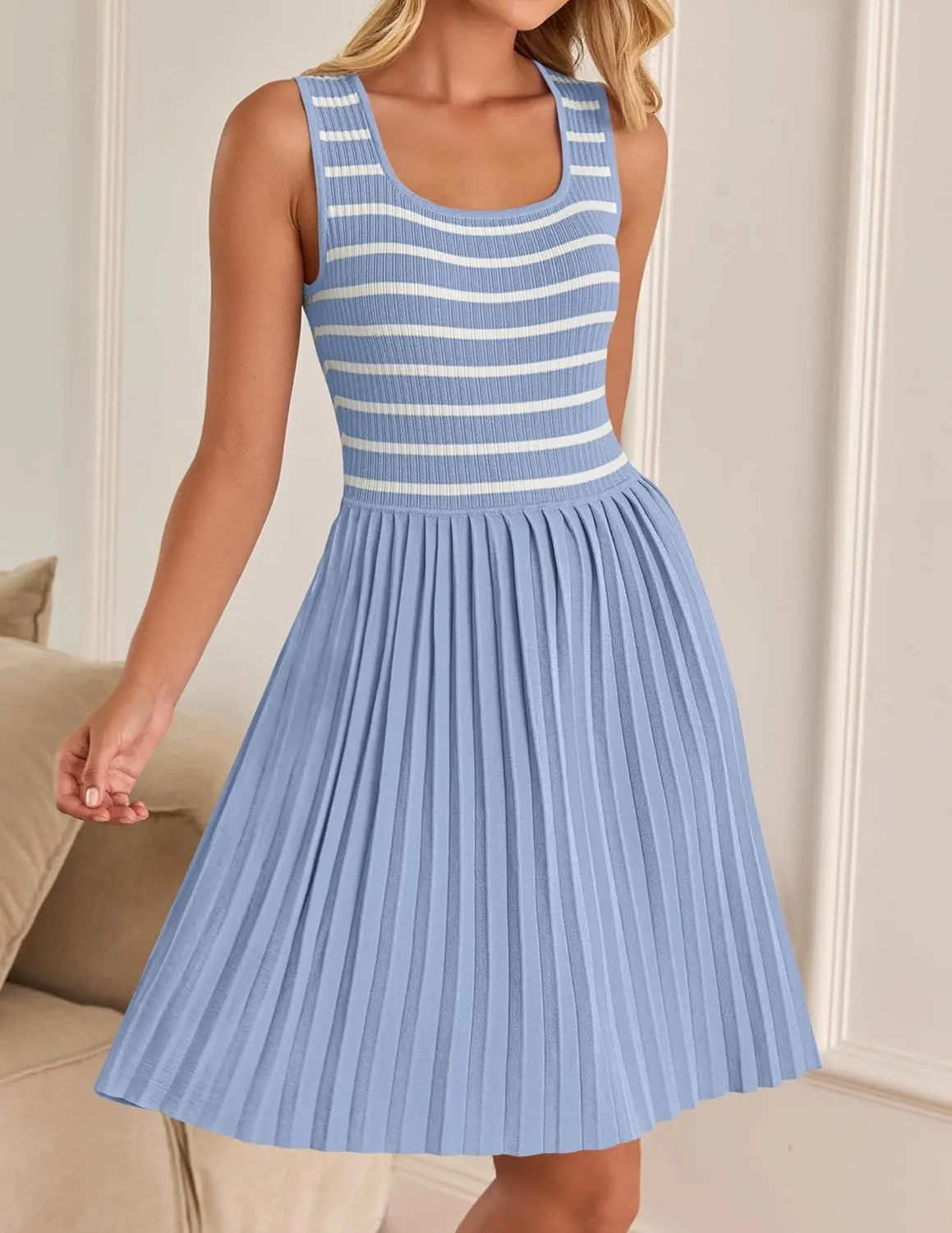 ZESICA Women's Summer Sleeveless Mini Dress 2025 Square Neck Striped Knit A Line Pleated Tank Dresses