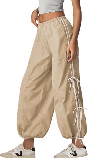 Zhiyouni Parachute Pants for Women Elastic High Waist Full Twist Hiking Cargo Pants Trousers