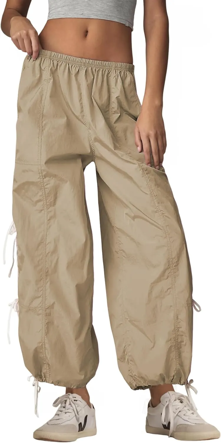 Zhiyouni Parachute Pants for Women Elastic High Waist Full Twist Hiking Cargo Pants Trousers