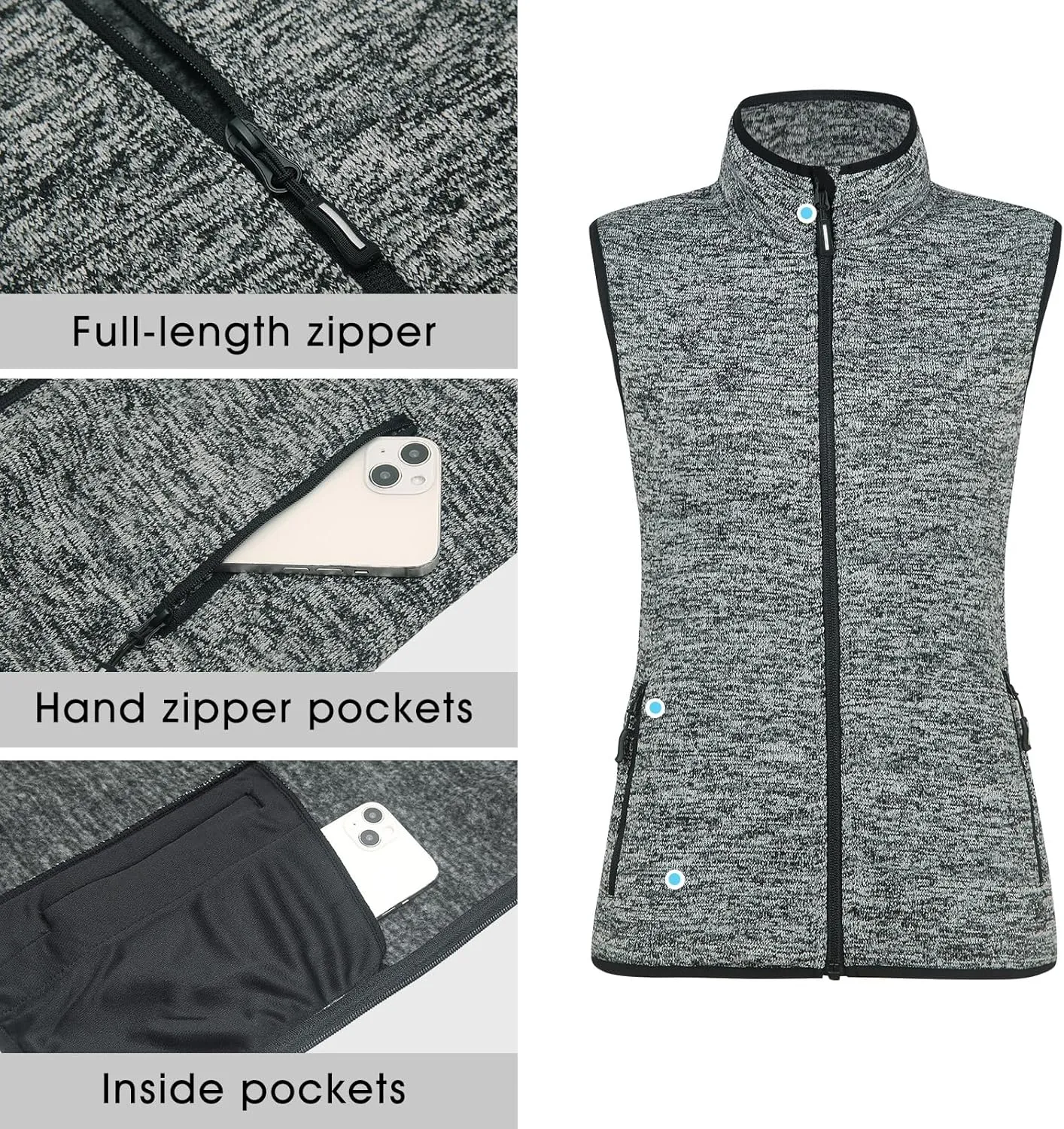 Zip Up Womens Vest with Zipper Pockets Athletic Sweater Fleece Vest Sleeveless Sweater Jacket